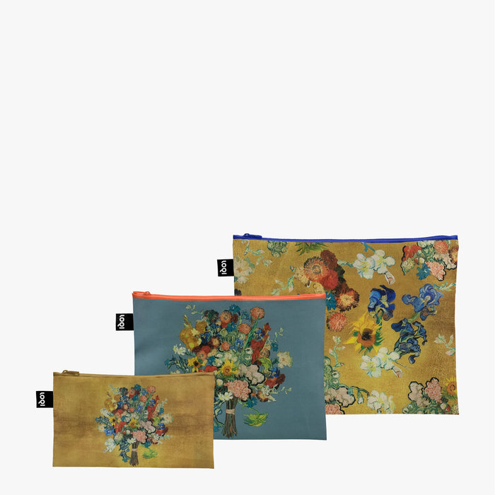 LOQI - Set of 3 Recycled Zip Pockets - Vincent Van Gogh - Flower Pattern