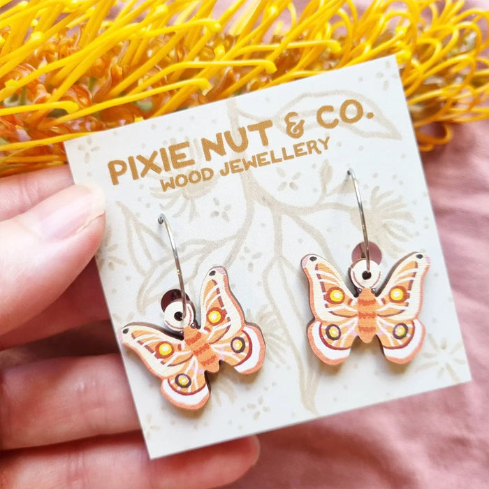 Pixie Nut & Co - Wooden Hoop Earrings - Emperor Moths