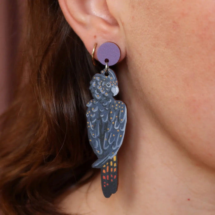 Pixie Nut & Co - Large Wooden Earrings - Black Cockatoo