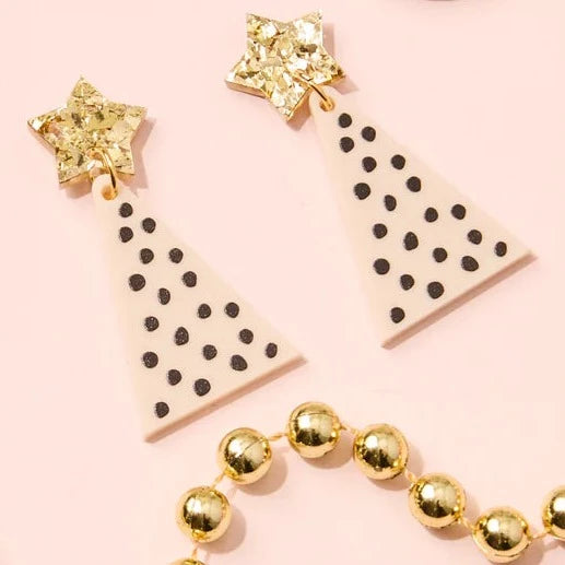 Martha Jean - Christmas Tree Earrings - Gold & Dotty Beige