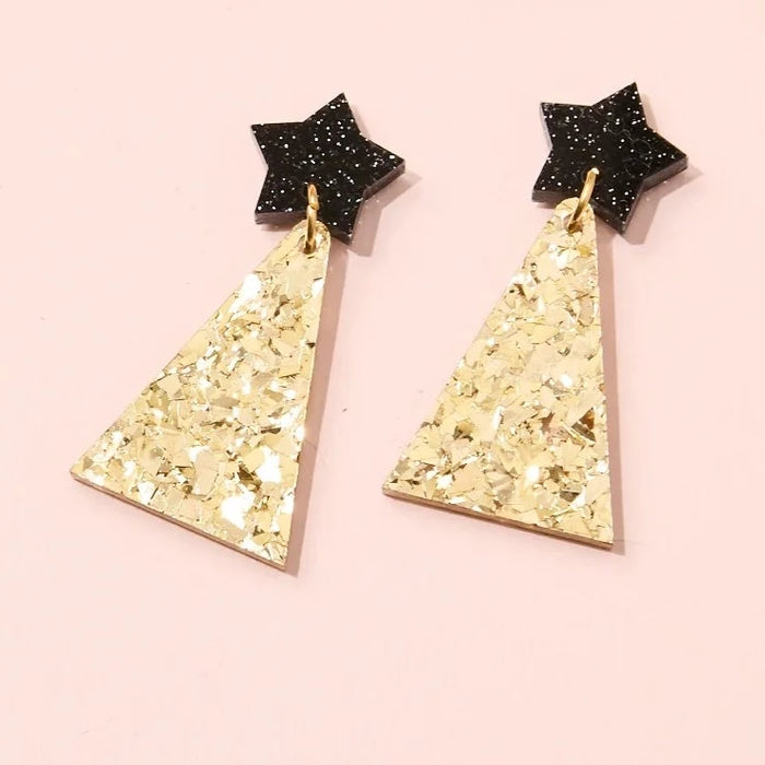 Martha Jean - Christmas Tree Earrings - Black & Gold Glitter