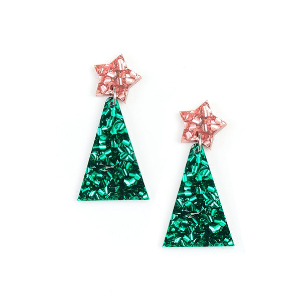 Martha Jean - Christmas Tree Earrings - Pink & Green Glitter