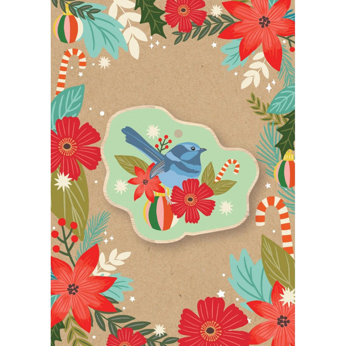 Aero Images - Christmas Card with Wooden Decoration - Christie Williams - Blue Wren