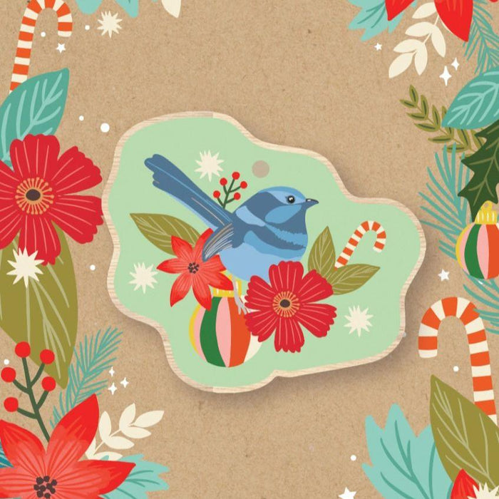 Aero Images - Christmas Card with Wooden Decoration - Christie Williams - Blue Wren