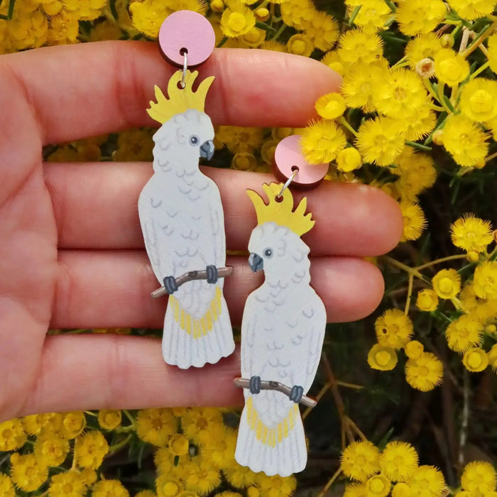 Pixie Nut & Co - Large Wooden Earrings - White Cockatoo