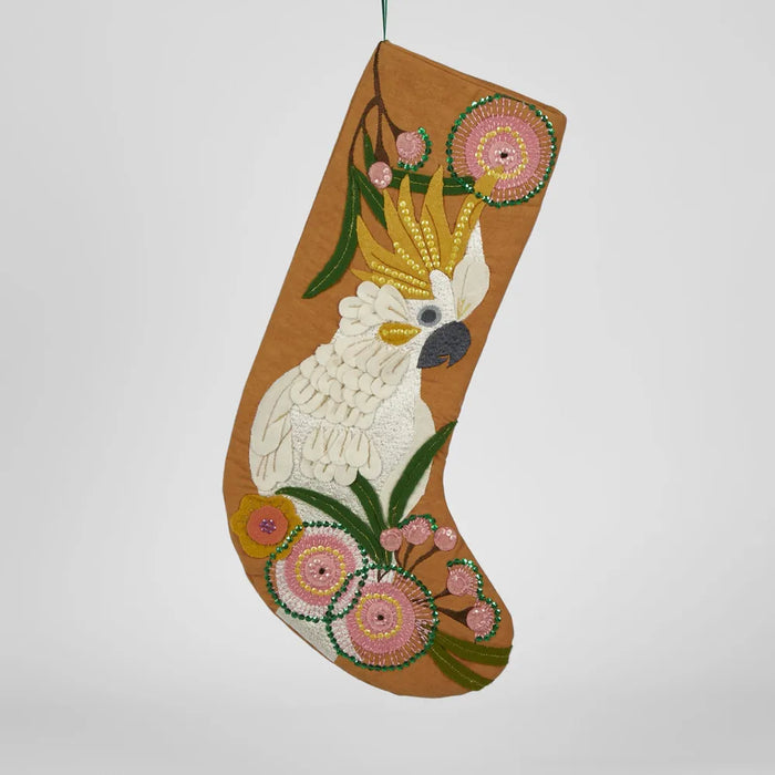 Velvet & Vixen - Embroidered Christmas Stocking - Cockatoo on Ochre