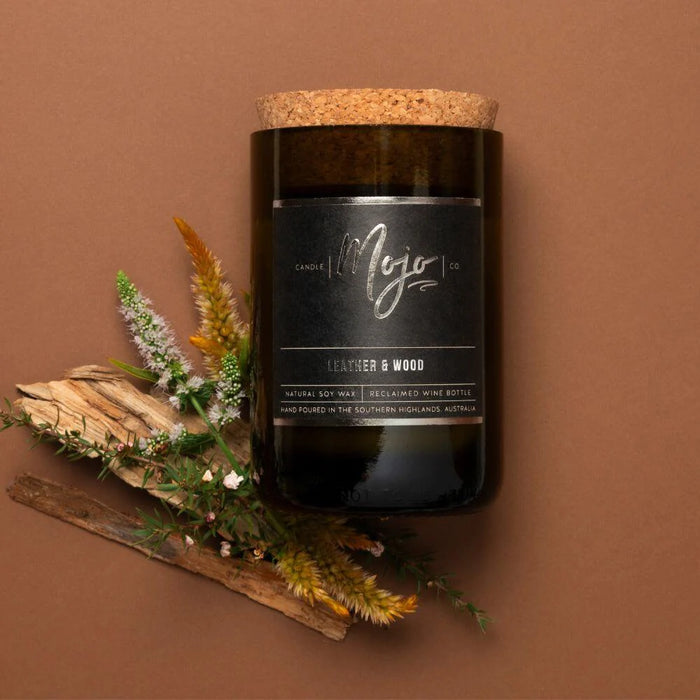 Mojo Candle Co - Wine Bottle Candle - Black Label Collection - Leather & Wood