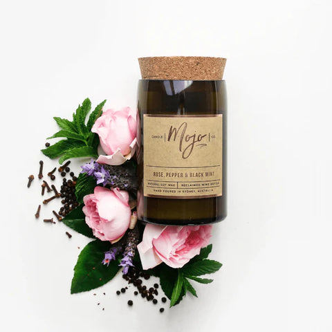 Mojo Candle Co - Wine Bottle Candle - Rose, Pepper & Black Mint