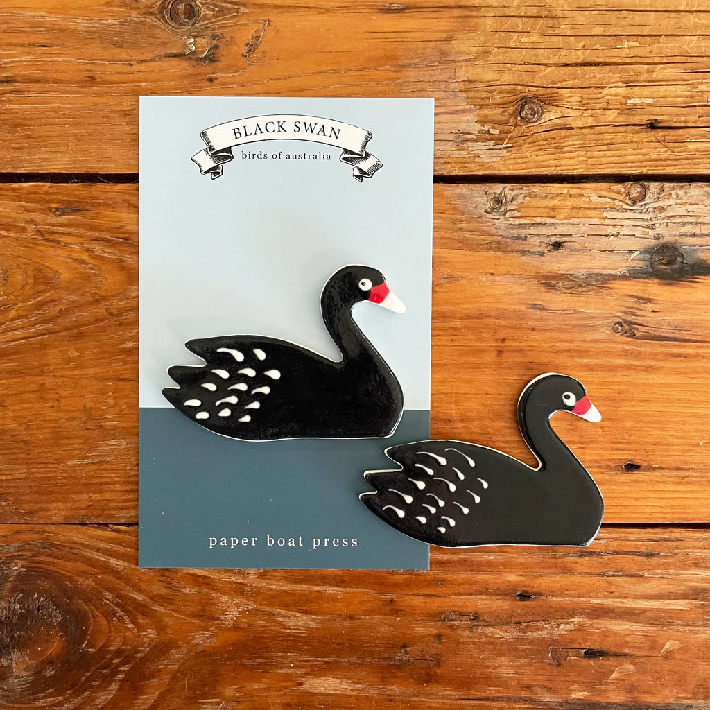 Paper Boat Press - Ceramic Australian Bird Brooch - Black Swan